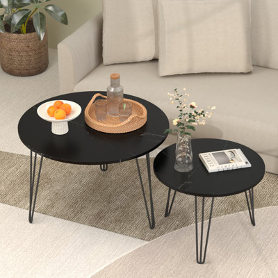 Nesting Coffee Table Set of 2, Round Stacking Side Tables with Metal Hairpin Legs, Modern Nesting Table for Living Room, Apartment, Small Space