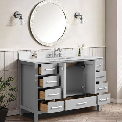 Meuble-lavabo gris de 48 po avec lavabo, structure en bois massif, tiroirs à fermeture en douceur, meuble-lavabo autoportant de style moderne pour la refonte du projet, gris, bois, fermeture en douceur, méthode de rangement légère