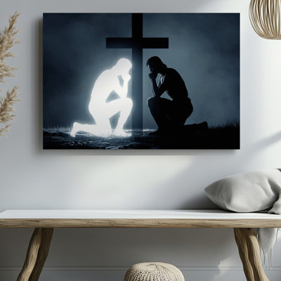 Canvas A Serene And Emotional Scene Depicting A Luminous Figure Representing Wall Art A Spiritual Presence Kneeling Beside A Dark Canvas Wall Art