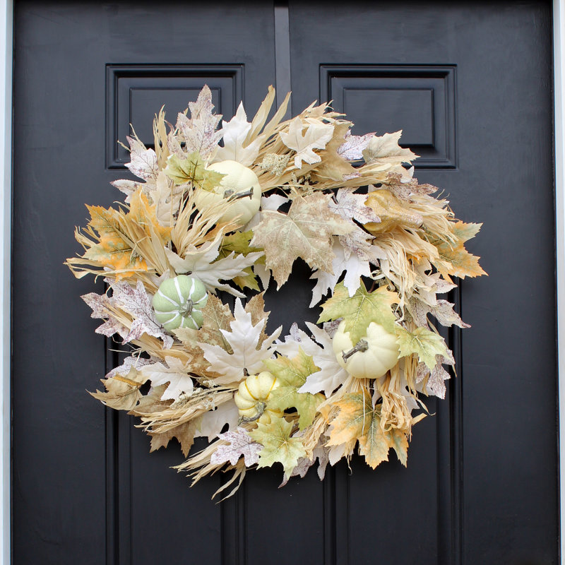 Neutral Autumn Leaf, Pumpkin & Gourd Corn Husk Fall Harvest Front Door Wreath
