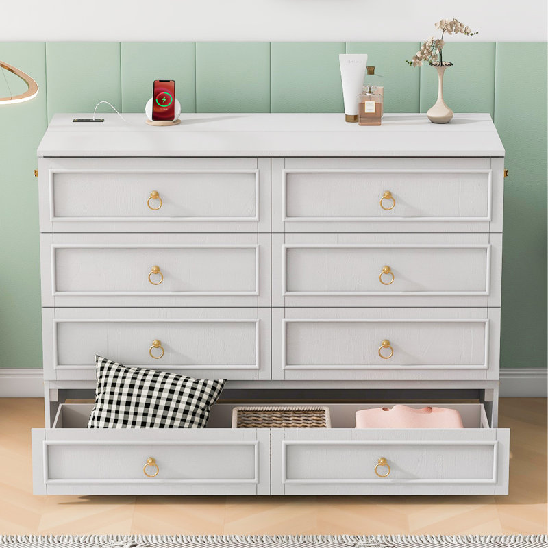 Drawer Murphy Bed Cabinet With Outlets, Antique White 2, Queen