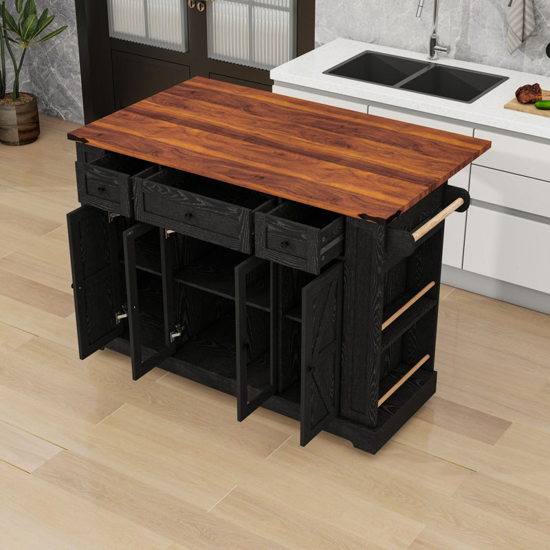 Rolling Kitchen Cart with Drop Leaf, Open Side Racks, Drawers, Shelves and Power Outlet, Black