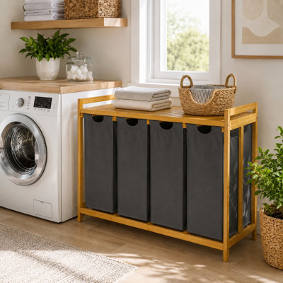 Panier à linge et tablette de rangement en bambou avec panier à linge à 4 compartiments