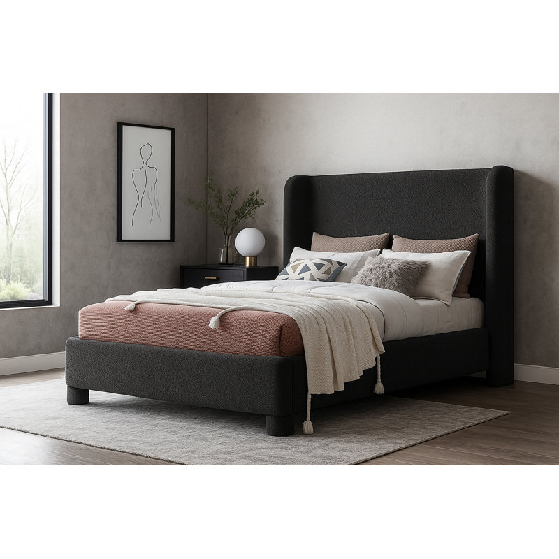 Ivyann Boucle Fabric Upholstered Panel Bed, King, Black Boucle Fabric