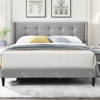 Modern Tufted Upholstered Low-Profile Platform Bed with Wingback Headboard & Linen Blend Fabric   
