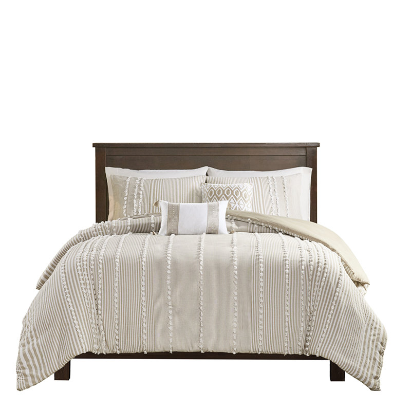 Housse de couette très grande teinte en chenille 100% coton avec rayures taupe et blanches Sweet Chenille
