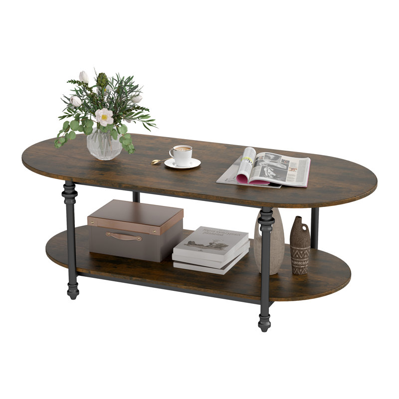 Vintage-Modern Oval 2-Tier Storage Coffee Table – Rustic Wood Finish with Sturdy Metal Legs for Living Room
