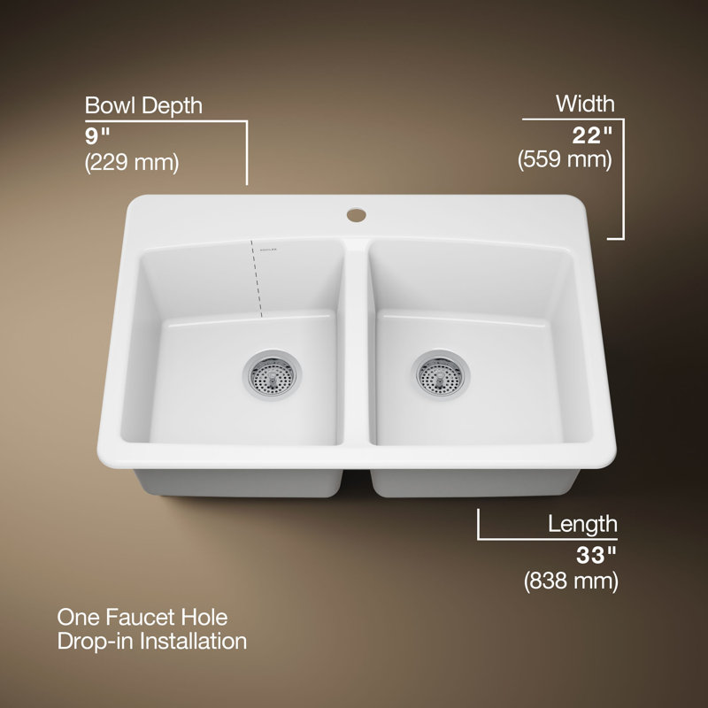 33" L x 22" W x 9-5/8" Top-Mount Double-Equal Kitchen Sink, 1 Hole, White