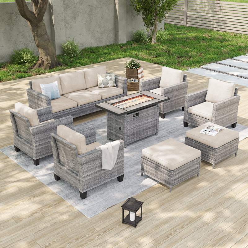 Ensemble 8 pièces de canapés de patio avec table de foyer 45 po, osier en rotin PE pour terrasse, patio et cour, Lin gris
