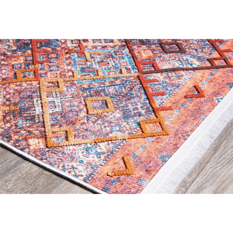 Tapis géométrique en polypropylène tissé à la machine Eep - orange / rouge / gris, Rectangle 2 pi 7 po x 4 pi 11 po