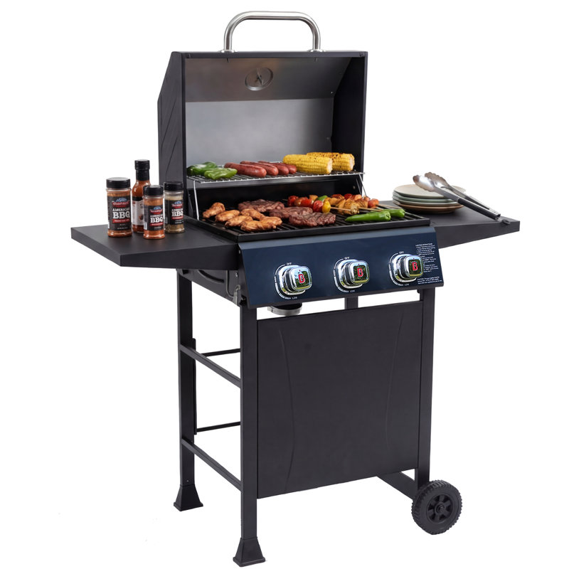 Flintex 3 Burner Propane Gas Grill, 27,000 BTU BBQ Grill with Side Table, Enameled Grate Lockable Casters 467 Sq.In Cooking Area for Outdoor Backyard Patio