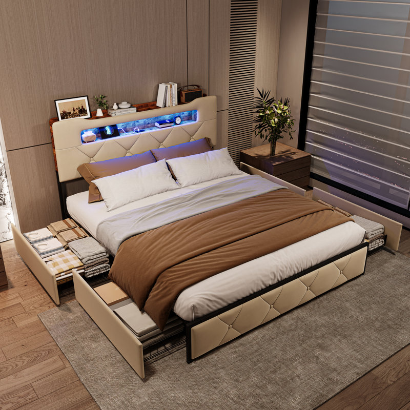 Upholstered Storage Bed, Beige, European Double (140 x 200 cm)
