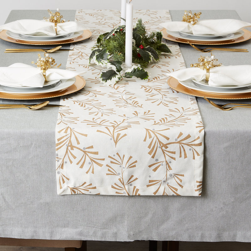 Mcmann 100% Cotton Christmas Table Runner, 72" L x 14" W, Metallic Holly Leaves