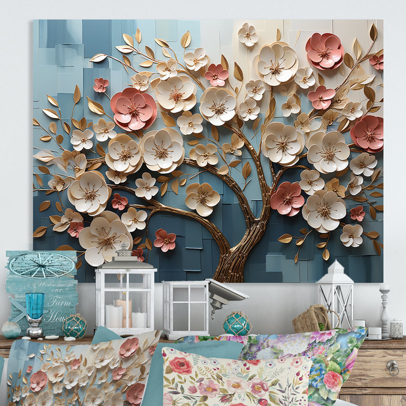 Arbre dynamique pétales blancs et roses III - Art mural floral abstrait en métal, H 24 po x l 32 po x P 1 po