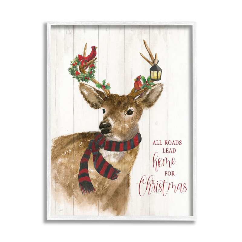 «All Roads plomb Home Christmas Deer» encadré sur bois par Nan, H 14 po x l 11 po, Giclée encadrée blanc bord de mer