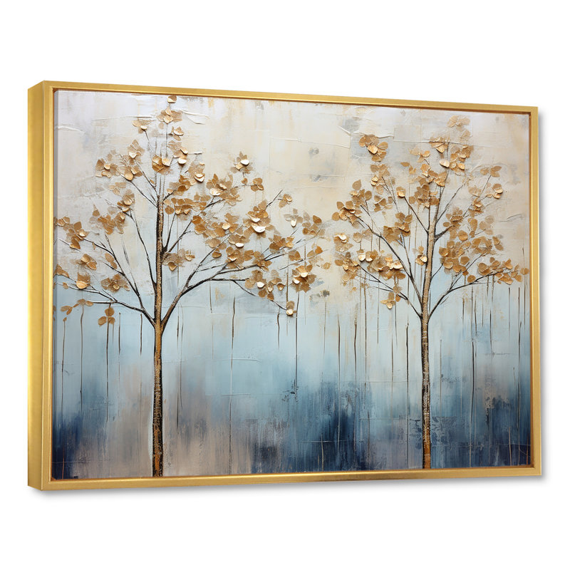 Minimalisme, scène d'arbres dorés et bleus VI sur toile, Cadre flottant doré, H 16 po x l 32 po