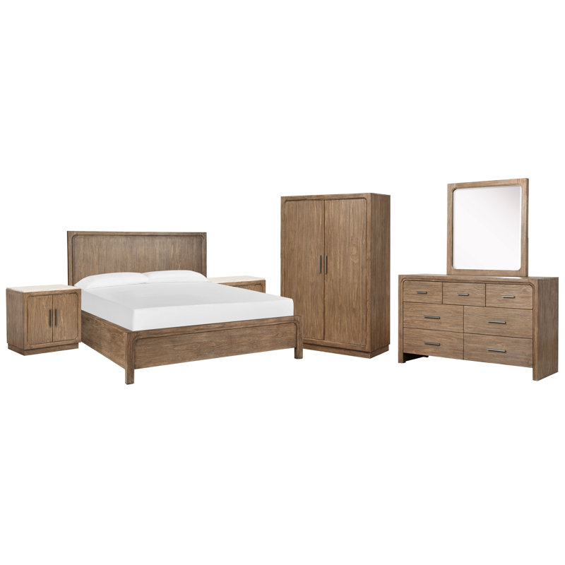 Commode à 2 portes avec tiroirs Hien, Très grand, 6 Pcs: Bed, 2Nightstand, Dresser, Mirror, Armoire