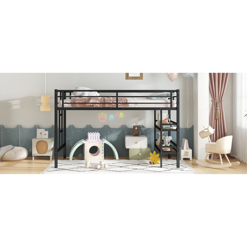 Lit mezzanine simple en métal avec tablette de rangement, lit mezzanine avec échelle facile à monter et garde-corps pour enfants, noir