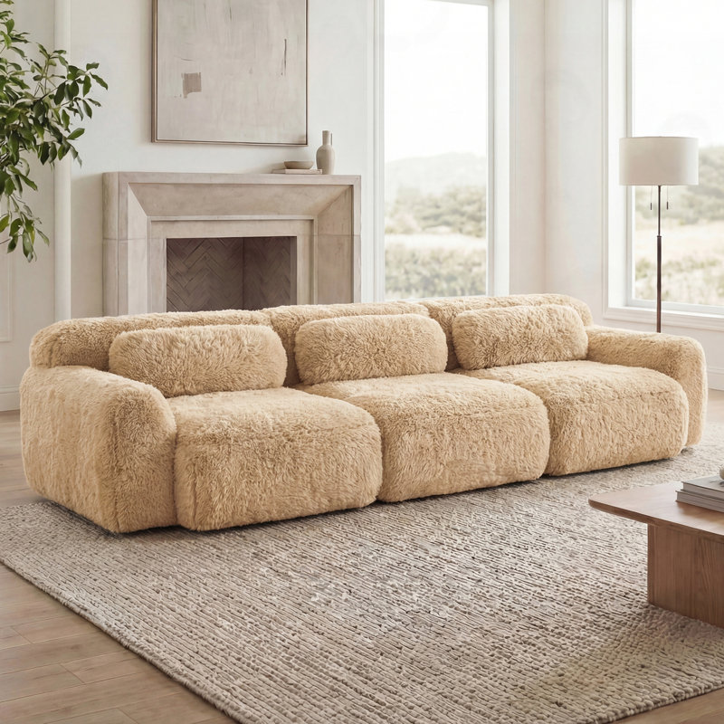 Canapé 3 places en tissu moelleux et moelleux avec coussins décoratifs, Peluche kaki clair, Kaki pâle