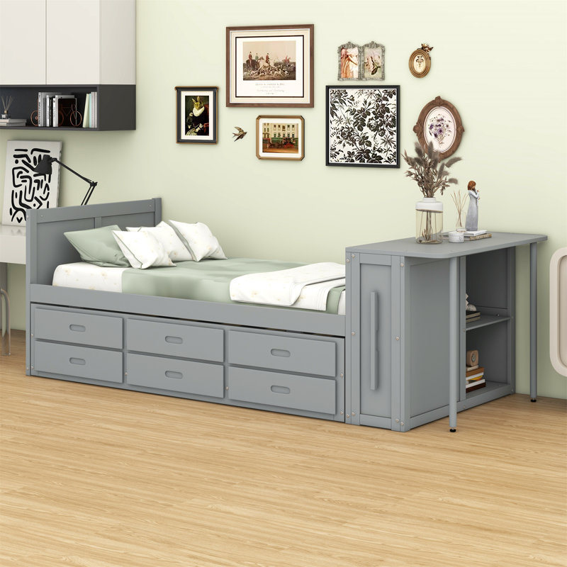  Lit plateforme multifonctionnel en bois avec bureau Gunnell, Gris