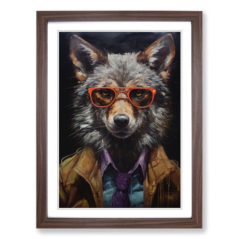 XYZ-FRM-V1223-1705 Wolf With Glasses Painting No.2 - Single Picture Frame Print on Wood, Walnut, 34cm H x 25cm W x 2cm D