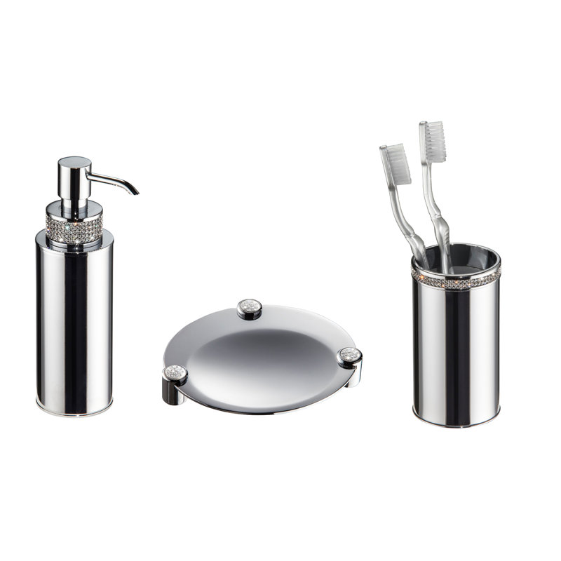  Ensemble d'accessoires de salle de bain Zenor. Cristaux polis transparents chromés, Chrome