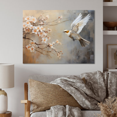 Grey And White Birds On Floral Tree II - Bird Metal Wall Art