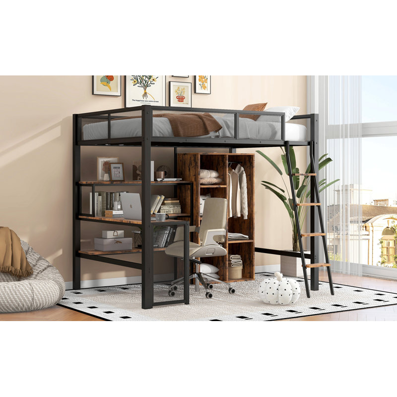 Lit mezzanine double en métal avec bureau intégré, garde-robe et tablettes, noir