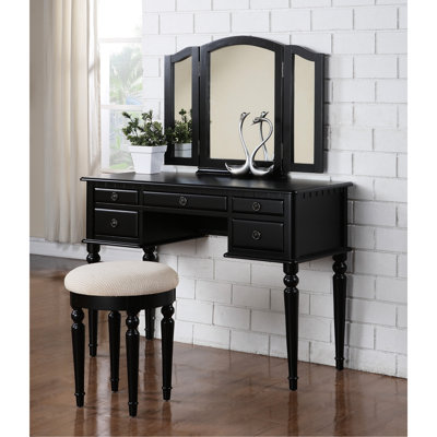 Classic Bedroom Vanity With Stool - Black, Rubber Wood Base Foldable Mirror And Storage Style