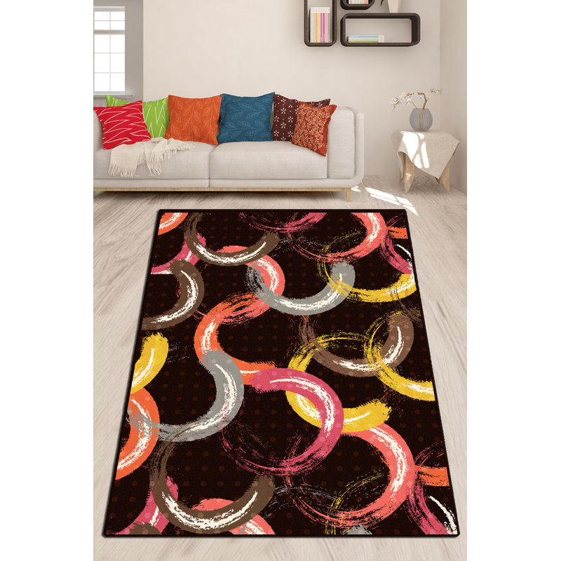 Tapis abstrait en velours / polyester à la machine en brun / rose / jaune, Rectangle 4 pi 11 po x 6 pi 7 po