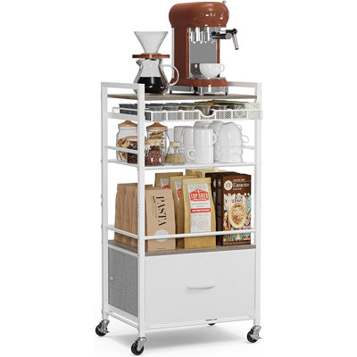 5-Tier Coffee Station Cart With Storage Cabinet And Drawer, 33.6-Inch Tall Rolling Sideboard For Home Kitchen Or Liquor Buffet – Modern White