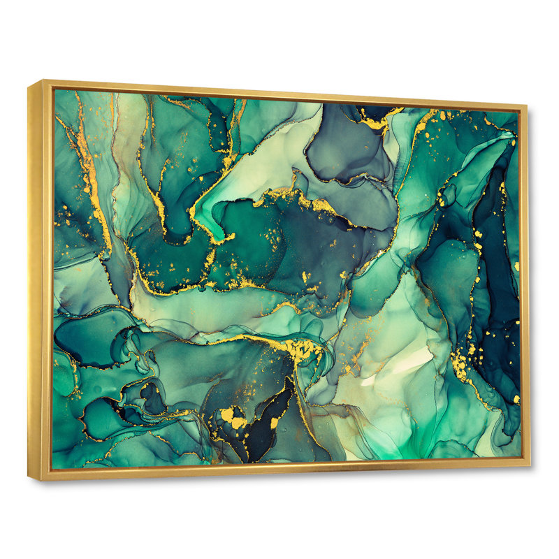 «Green Luxury Abstract Fluid Art IV», reproduction d'art sur toile moderne, H 16 po x l 32 po, Cadre flottant doré