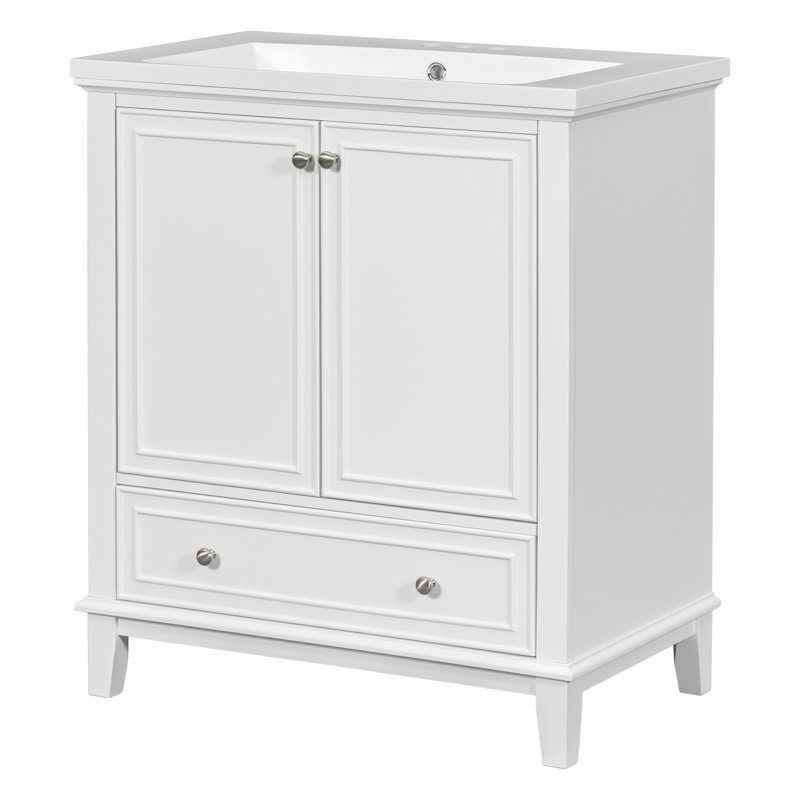 Ensemble de meuble-lavabo 30 po avec lavabo, armoire de salle de bain multifonctionnelle avec portes et tiroir, cadre solide et panneau de fibres à densité moyenne (blanc)