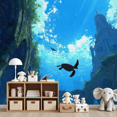 Papier peint adhésif sous-marin Temple parmi les récifs coralliens vibrants H 69 po x l 96 po, papier mural amovible en PVC autocollant pour chambre à coucher, bureau à domicile