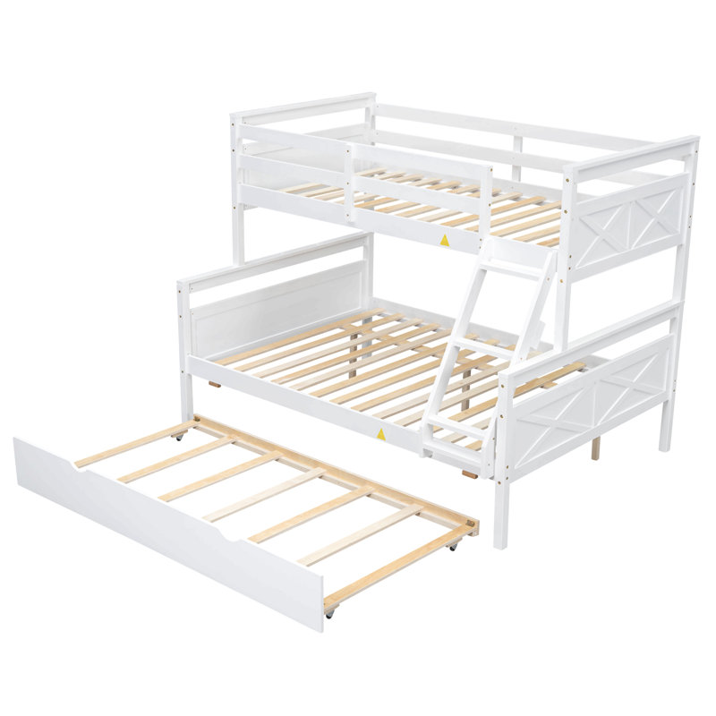 Lit simple superposé au dessus d'un lit double avec échelle, lit gigogne simple, barrière de sécurité, Blanc