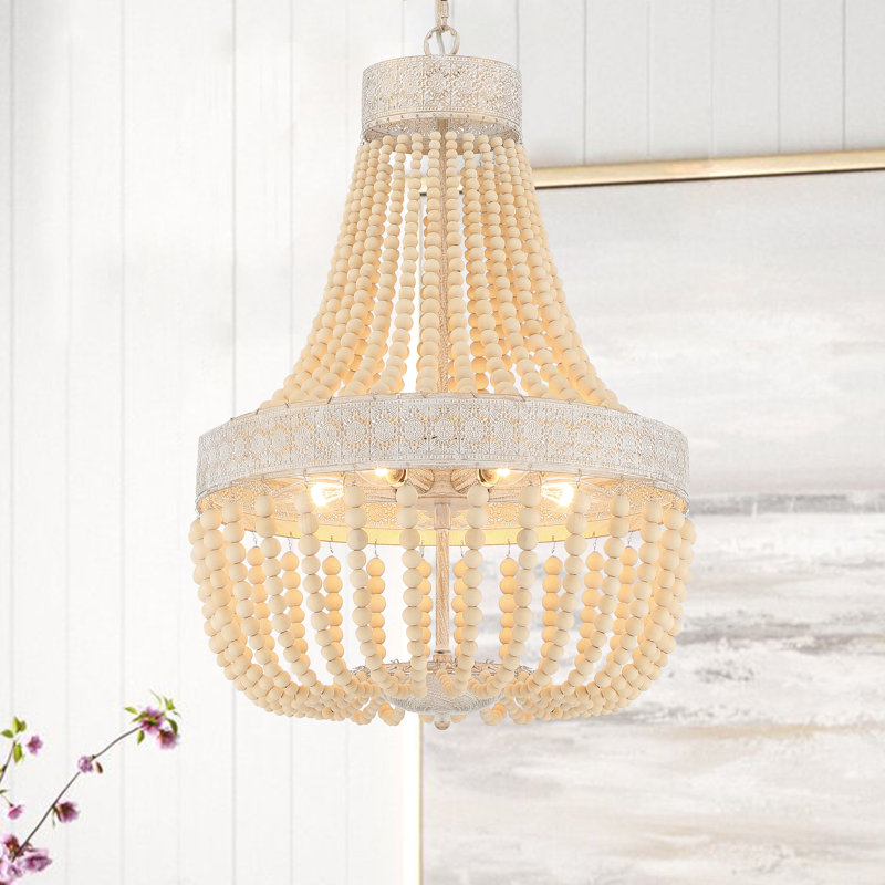 Gerde 5-Light Empire Solid Wood Bead Chandelier, White/Gold
