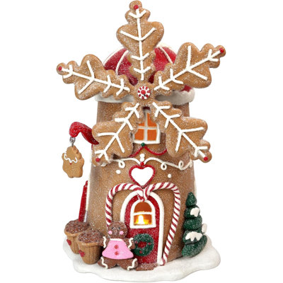  Gingerbread Christmas Decor - Lighted Gingerbread House Decorations With Timer - 9.8 Inches Handcrafted Windmill Figurines - Holiday Decor For Party Centerpiece, Mantel, Dining Table