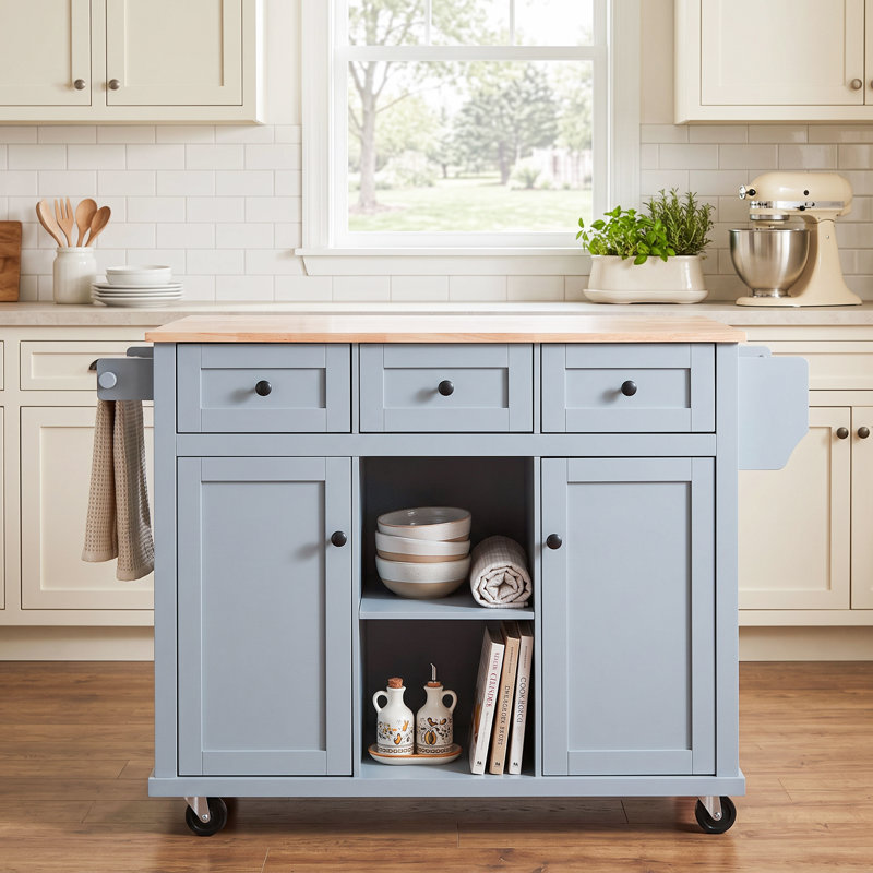 kitchen Cart with Rubber wood Drop-Leaf Countertop in Blue｜Cabinet door internal storage racks｜Smooth Rolling & Lockable Wheels ｜ Storage Cabinet and 3 Drawers for Dinning Room