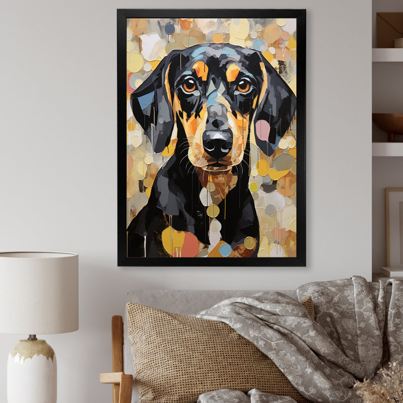Drôle de daschund sur toile, H 20 po x l 12 po x P 1 po, Cadre simple noir