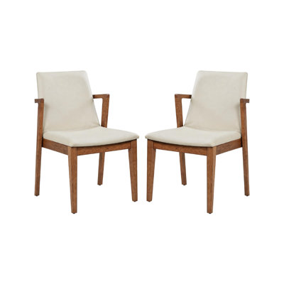 Set of 2 Mid-Century Modern Dining Chairs, Beige PU Upholstered Armchairs, Walnut Rubber Wood Frame, 250lbs Capacity Ergonomic Accent Chairs for Kitchen Dining Room