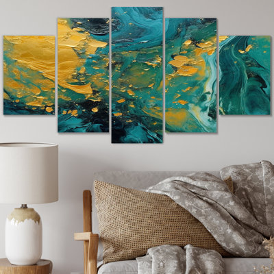 «Golden Sunset Over Teal Ocean», reproduction d'art sur toile abstraite - 5 panneaux