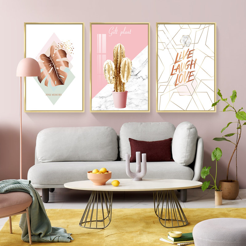"Plants Aluminium", ensemble de 3 reproductions d'art encadrées sur toile_QS38-7, H 16,3 po x l 36,3 po x P 1,65 po, Or
