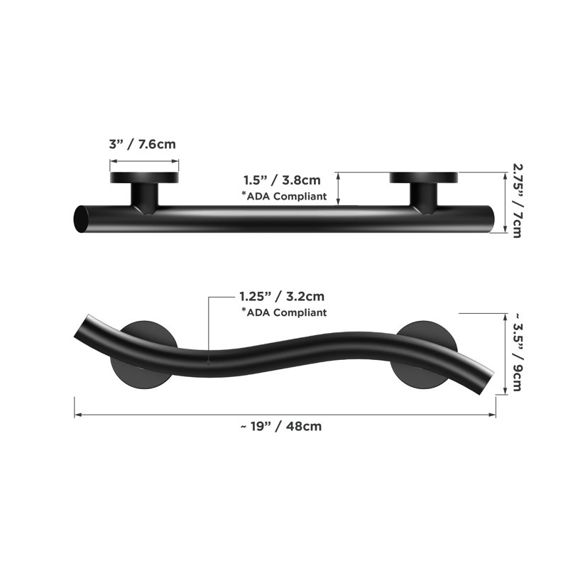 WAVE 18 in. x 1.25 in. Grab Bar, ADA Compliant for Bath and Shower Safety (500 lb. Capacity) in Matte Black, 18, Matte Black