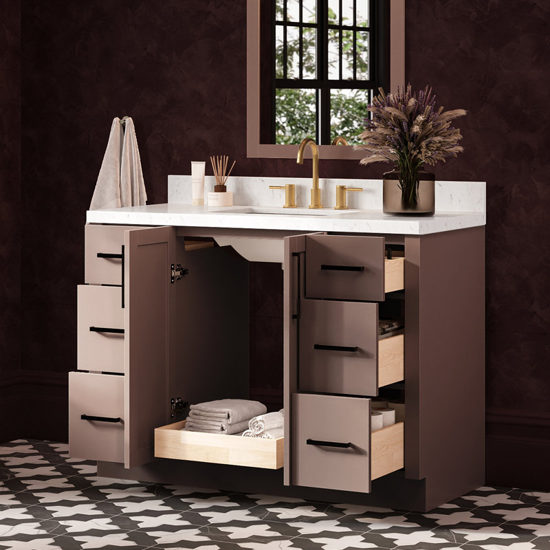 Meuble-lavabo rectangulaire simple de 122 cm (48 po) avec comptoir en quartz blanc de Carrare de 3,8 cm (1,5 po) couleur moka