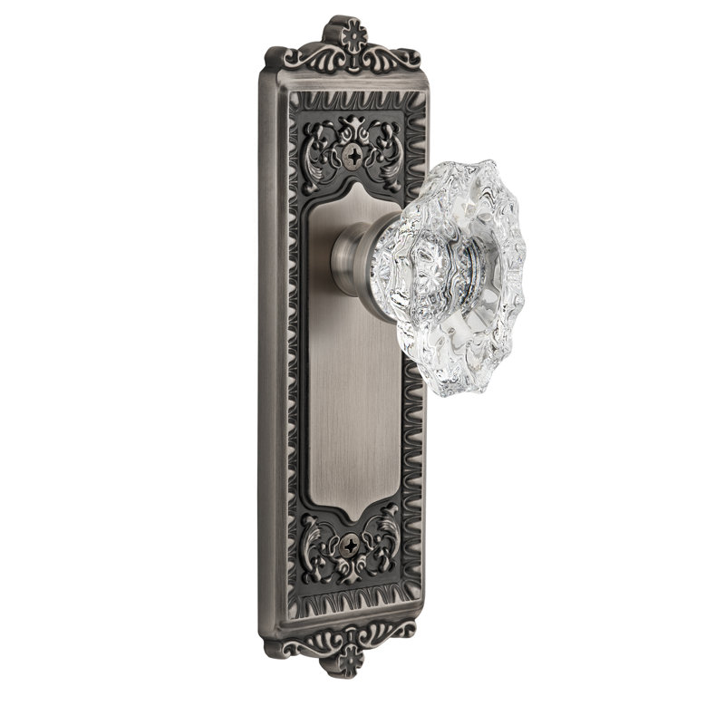 Double plaque Grandeur Windsor avec bouton de porte en cristal Biarritz, Étain antique