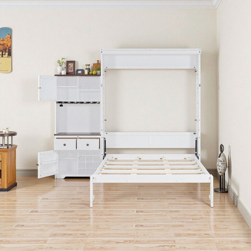 ​​Queen Size Murphy Bed with Storage Cabinet, Wine Rack, Glass Holder, Drawers and Multi-Colour LED Strip, White