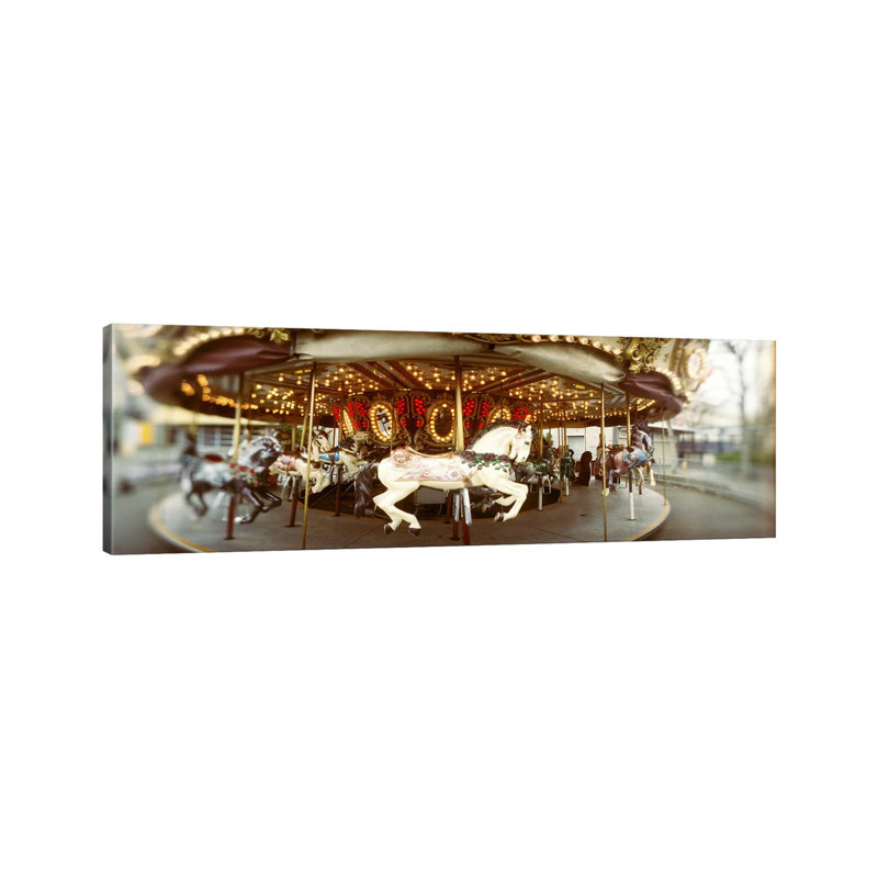 Carousel Horses In An Amusement Park, Seattle Center, Queen Anne Hill, Seattle, Washington State, USA - Wrapped Canvas Panoramic Print