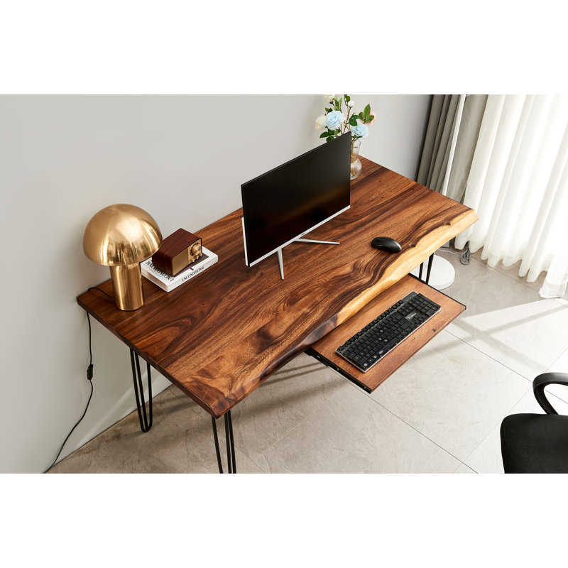  Live Edge Desk with Hairpin Legs and South American Walnut, Live Edge Desk with Keyboard Tray, 29.5" H x 34" W x 20" D