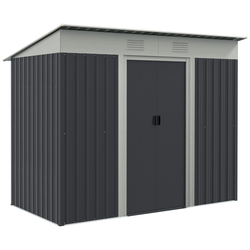 7 pi L 4 pi. D - Remise en métal avec portes coulissantes doubles et 2 bouches d'aération, remise extérieure en gris (26 pieds carrés)