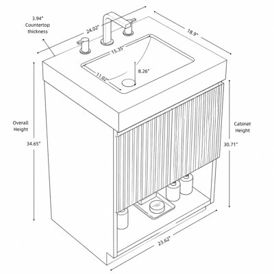 Meuble-lavabo autoportant de 61 cm (24 pouces) avec dessus en pierre frittée couleur crème veinée or, lavabo en céramique et trois trous prépercés pour robinetterie.